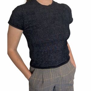 Zara Knit Black Sparkle Sweater Top Size M Soft Fuzzy Short Sleeve